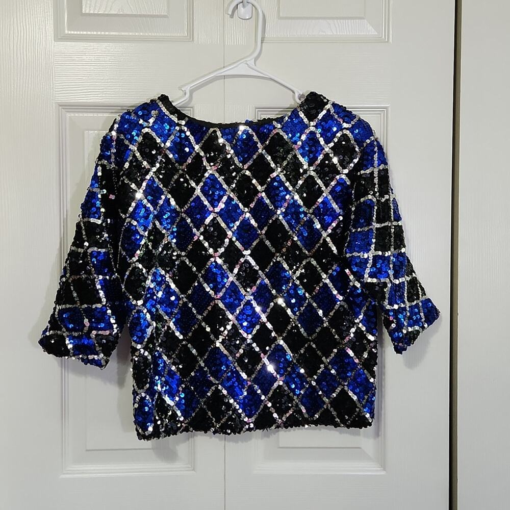 Vintage Rothschild Blue Silver & Black Sequin Diamond Pattern 1/2 Sleeve Top SM‎